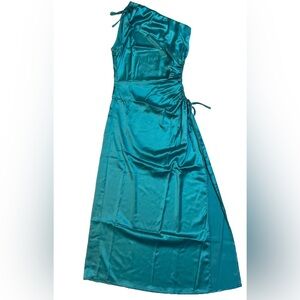 Prettygarden One Shoulder Satin Cut Out Side Slit Maci Dress in Peacock Blue M